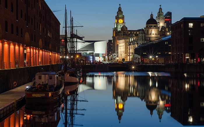 Albert Dock, Nacht, Häuser, Lichter, Liverpool, England Hintergrundbilder Bilder