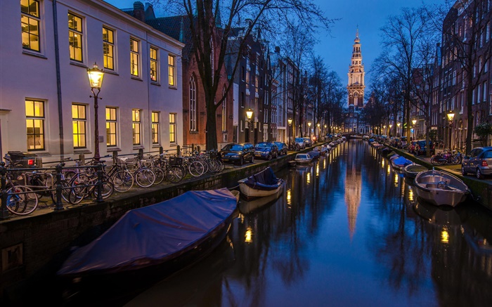 Amsterdam, Holland, Nacht, Häuser, Fluss, Boote, Lichter Hintergrundbilder Bilder