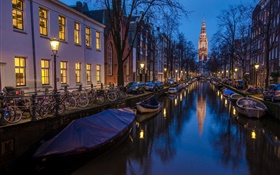 Amsterdam, Holland, Nacht, Häuser, Fluss, Boote, Lichter HD Hintergrundbilder