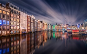 Amsterdam, nacht, lichter, Haus, Fluss, Spiegelung