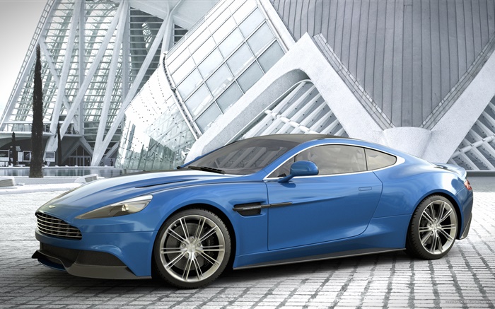 Aston Martin Vanquish blaues Auto Seitenansicht Hintergrundbilder Bilder