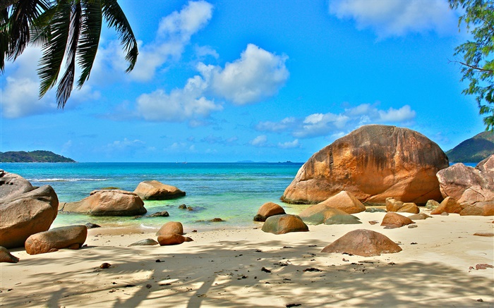 Strand, Meer, Steine, Sonnenstrahlen, Seychellen Hintergrundbilder Bilder