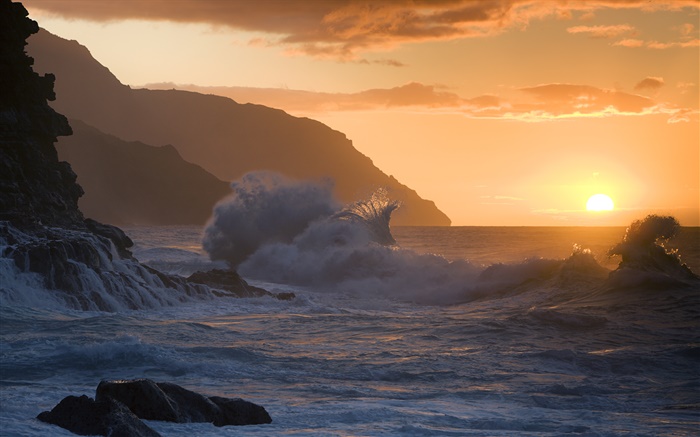 Strand-Sonnenuntergang, Wellen, State Park, Kauai Hintergrundbilder Bilder
