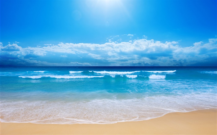 Schöner Strand, Meer, Wellen, blau, Himmel, Wolken Hintergrundbilder Bilder