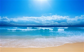 Schöner Strand, Meer, Wellen, blau, Himmel, Wolken HD Hintergrundbilder
