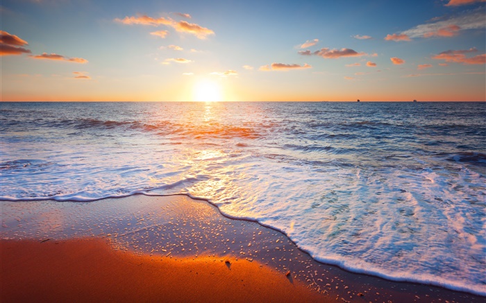 Schöner Sonnenuntergang, Meer, Küste, Himmel, Wolken, Sand Hintergrundbilder Bilder
