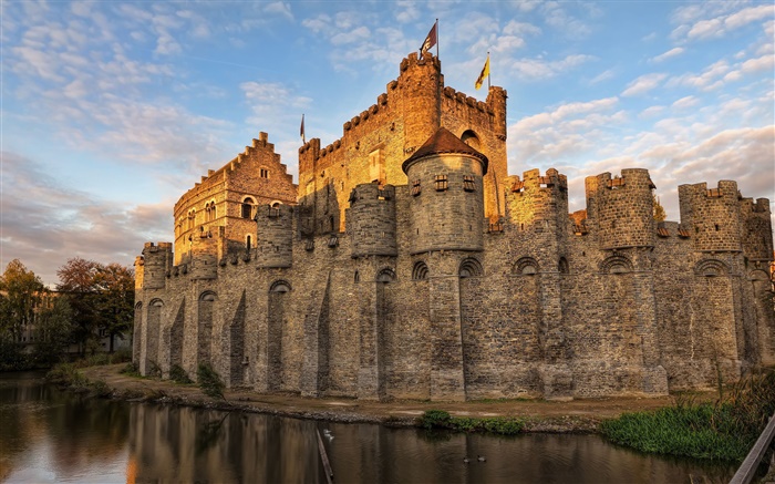 Belgien, Schloss, Wassergraben, Himmel, Abenddämmerung Hintergrundbilder Bilder