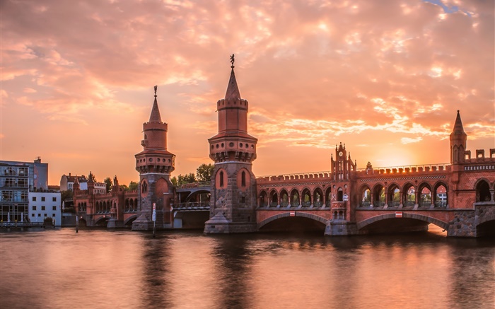 Berlin, Deutschland, Sonnenuntergang, Fluss, Brücke, Gebäude Hintergrundbilder Bilder