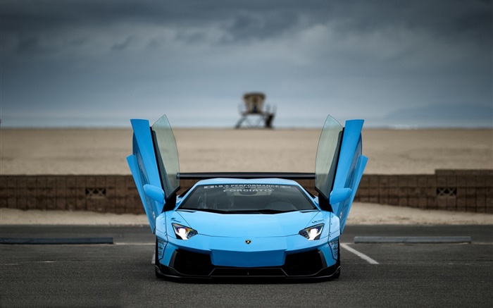 Blau Lamborghini Aventador supercar Vorderansicht, Flügel Hintergrundbilder Bilder
