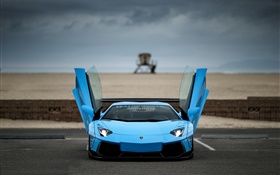 Blau Lamborghini Aventador supercar Vorderansicht, Flügel HD Hintergrundbilder