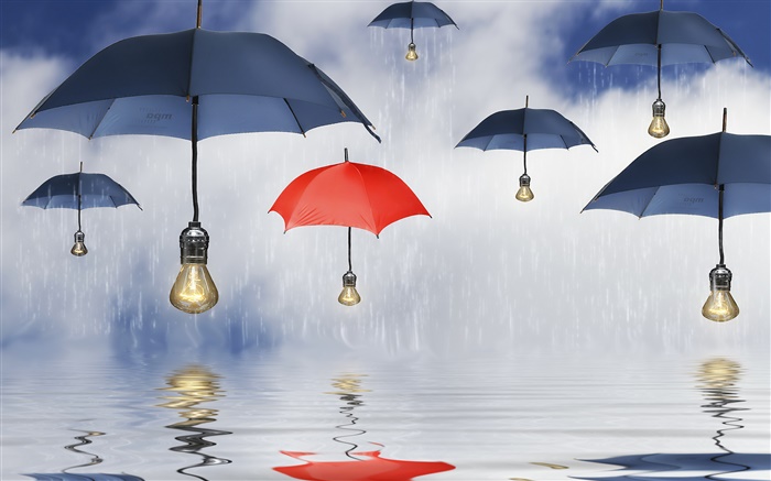 Blaue und rote Regenschirme, regen, Wasser Reflexion, kreative Bilder Hintergrundbilder Bilder