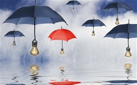 Blaue und rote Regenschirme, regen, Wasser Reflexion, kreative Bilder
