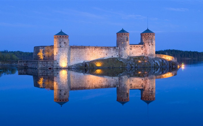 Blauer See, Schloss, nacht, lichter, Wasser Reflexion Hintergrundbilder Bilder