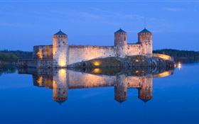 Blauer See, Schloss, nacht, lichter, Wasser Reflexion HD Hintergrundbilder