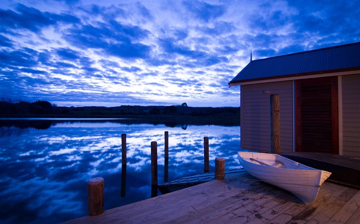 Bootshaus, Fluss, Wolken, Abenddämmerung, New Zealand Hintergrundbilder Bilder