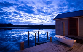 Bootshaus, Fluss, Wolken, Abenddämmerung, New Zealand HD Hintergrundbilder