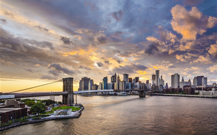 Brooklyn Bridge, New York City, Manhattan, USA, Wolkenkratzer, Dämmerung Hintergrundbilder Bilder