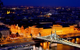 Budapest, Ungarn, Donau, Brücke, Gebäude, Nacht, Lichter HD Hintergrundbilder