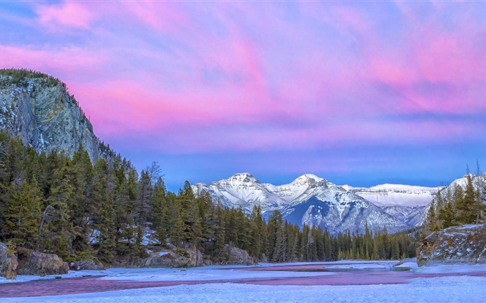 Kanada, Nationalpark, Fluss, Berge, Bäume, Wolken, Winter Hintergrundbilder Bilder