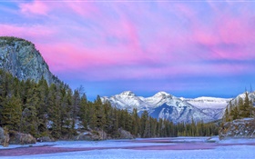 Kanada, Nationalpark, Fluss, Berge, Bäume, Wolken, Winter HD Hintergrundbilder