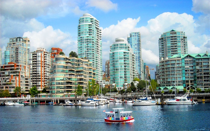 Kanada, Stadt, Gebäude, Häuser, Fluss, Boote Hintergrundbilder Bilder