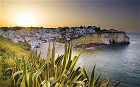 Carvoeiro, Häuser, Küste, Abenddämmerung, Lagoa, Faro, Portugal HD Hintergrundbilder