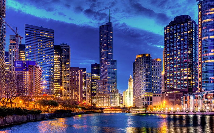 Chicago, Illinois, USA, Wolkenkratzer, Fluss, Beleuchtung, Nacht Hintergrundbilder Bilder