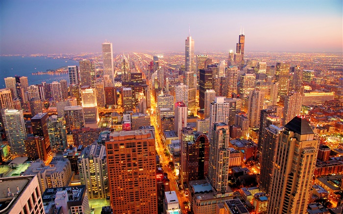 Chicago City, USA, Morgendämmerung, Wolkenkratzer Hintergrundbilder Bilder