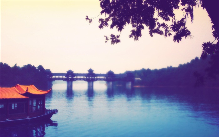 China, Stadt, Fluss, Brücke, Bäume Hintergrundbilder Bilder