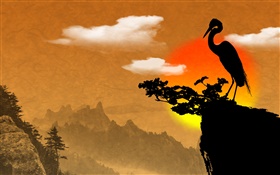 Chinesische Tuschmalerei, vogel, Klippe, Abenddämmerung HD Hintergrundbilder