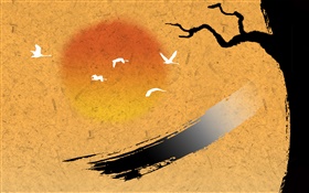 Chinesische Tuschmalerei, vögel, baum, Sonnenuntergang HD Hintergrundbilder