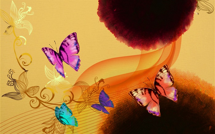 Chinesische Tuschmalerei, bunte Schmetterlinge Hintergrundbilder Bilder