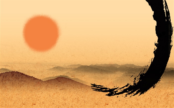Chinesische Tuschmalerei, rote Sonne Hintergrundbilder Bilder