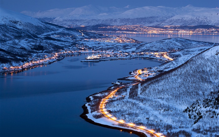 Lichter der Stadt, Schnee, Winter, Nacht, Tromsø, Norwegen Hintergrundbilder Bilder