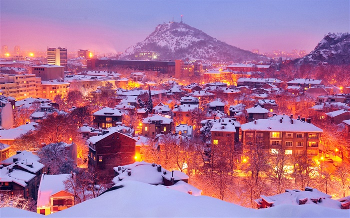 City, Lichter, Winter, Nacht, Schnee, Plovdiv, Bulgarien Hintergrundbilder Bilder