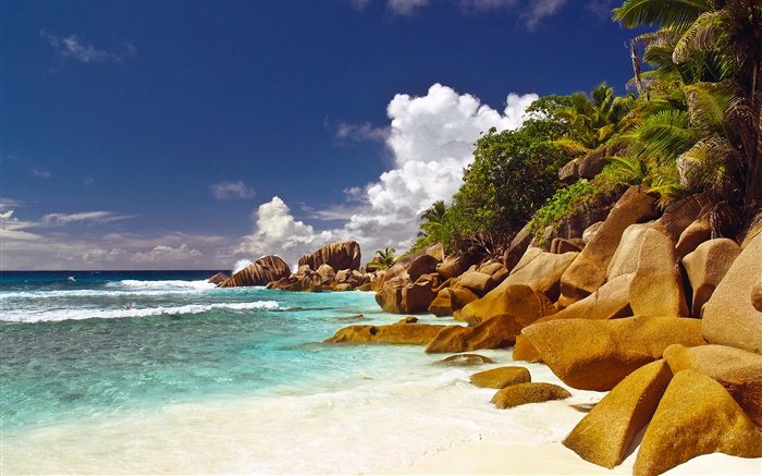 Küste, Strand, Steine, Meer, Wolken, Seychellen Hintergrundbilder Bilder