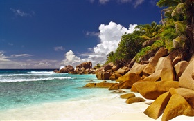 Küste, Strand, Steine, Meer, Wolken, Seychellen HD Hintergrundbilder