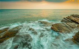 Küste, Meer, Steine, Strom, Dämmerung HD Hintergrundbilder