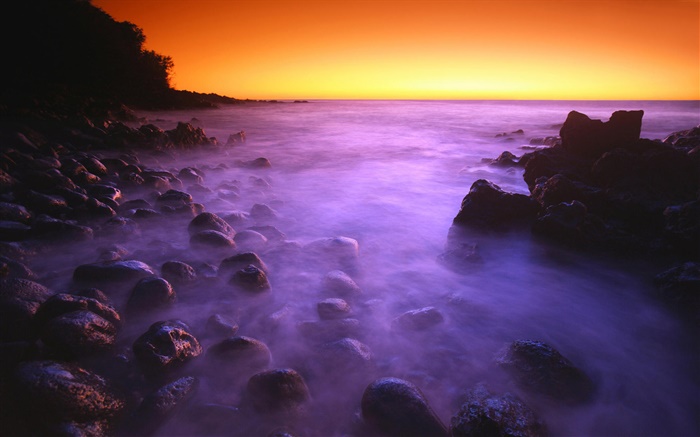 Küste, Meer, Steine, Sonnenaufgang, roten Himmel Hintergrundbilder Bilder