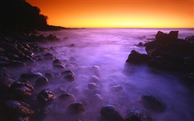 Küste, Meer, Steine, Sonnenaufgang, roten Himmel HD Hintergrundbilder