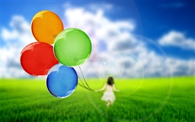 Bunte Luftballons, nettes Mädchen, Gras, Grün, Himmel HD Hintergrundbilder
