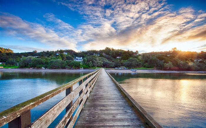 Cornwallis Wharf, hölzerne Brücke, Sonnenuntergang, Manukau Harbour, Neuseeland Hintergrundbilder Bilder