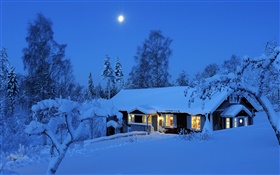 Landhaus, nacht, winter, schnee, mond, Dalarna, Schweden HD Hintergrundbilder