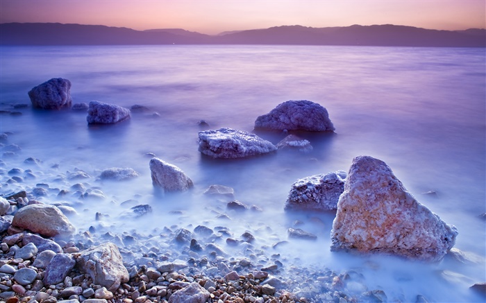 Totes Meer, Sonnenaufgang, Salz, Steine Hintergrundbilder Bilder