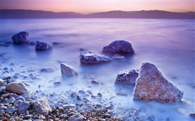 Totes Meer, Sonnenaufgang, Salz, Steine HD Hintergrundbilder