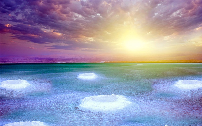 Totes Meer, Sonnenuntergang, Salz, Wolken Hintergrundbilder Bilder