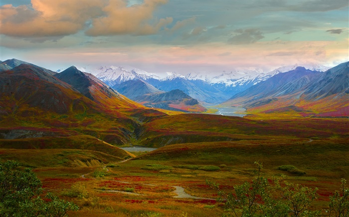 Denali Nationalpark, Alaska, USA, schöne Landschaft, Hügel, Fluß Hintergrundbilder Bilder