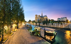 Frankreich, Notre Dame, fluss, boote, nacht, lichter HD Hintergrundbilder