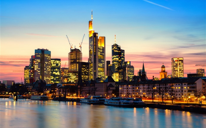 Frankfurt am Main, Deutschland, Stadt, Wolkenkratzer, Dämmerung, Sonnenuntergang, Licht, Fluss Hintergrundbilder Bilder