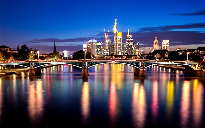 Frankfurt, Main, Deutschland, Stadt, Brücke, Beleuchtung, Nacht Hintergrundbilder Bilder